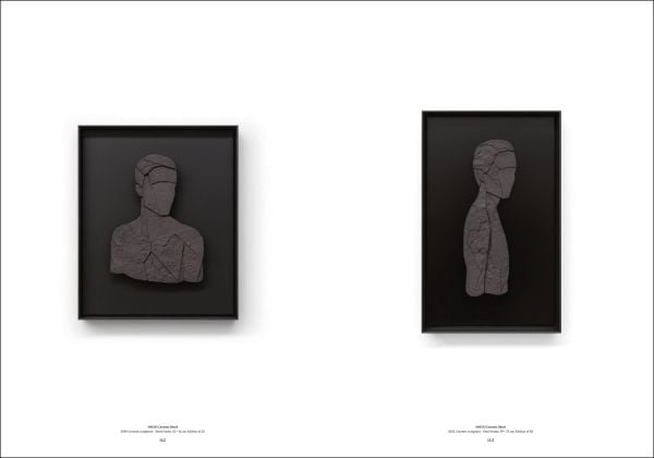 Flat wood collage of half length figure on white cover of 'Strook, Portraits', by Hannibal Books.