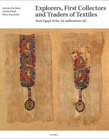 Two pieces of aging Egyptian embroidered cloth, on white cover of 'Explorers, First Collectors and Traders of Textiles', by Hannibal Books.