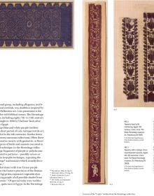 Two pieces of aging Egyptian embroidered cloth, on white cover of 'Explorers, First Collectors and Traders of Textiles', by Hannibal Books.