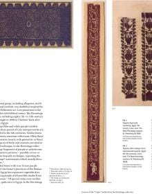 Two pieces of aging Egyptian embroidered cloth, on white cover of 'Explorers, First Collectors and Traders of Textiles', by Hannibal Books.