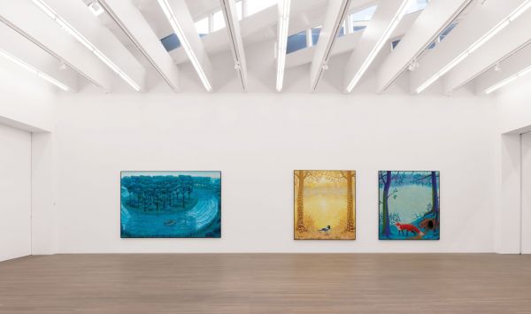 Book cover of Ben Sledsens, featuring a painting of a green and blue forest tilted 'The Lake Painter'. Published by Hannibal Books.