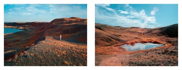 Green soviet mini van, on rocky terrain, figure in white chemical suit, on landscape cover of 'The Sacrifice Zone', by Hannibal Books.