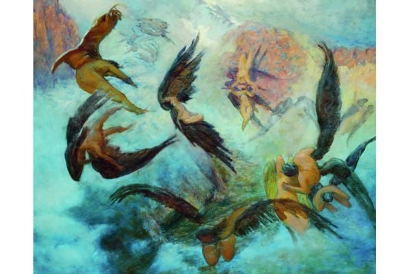 Sketch for 'Malshtrem' by Kiril Zdanevich, figure made of coloured shapes, holding 'DADA' sign, on cover of 'The Avant-Garde in Georgia, 1900–1936', by Hannibal Books.