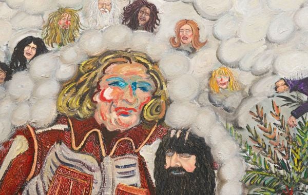 Book cover of Bram Demunter featuring a painting of figure in white clothes holding a bone in left hand, atop a colorful mound of plants. Published by Hannibal Books.