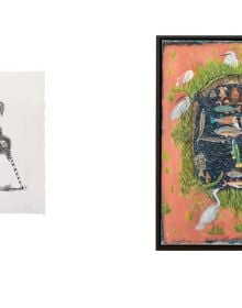 Book cover of Bram Demunter featuring a painting of figure in white clothes holding a bone in left hand, atop a colourful mound of plants. Published by Hannibal Books.