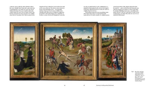 Book cover of Anna Koopstra's Hans Memling in Bruges, with painting of figure in pink writing in book. Published by Hannibal Books.