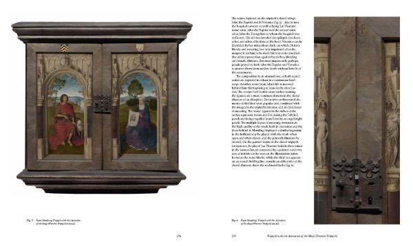 Book cover of Anna Koopstra's Hans Memling in Bruges, with painting of figure in pink writing in book. Published by Hannibal Books.