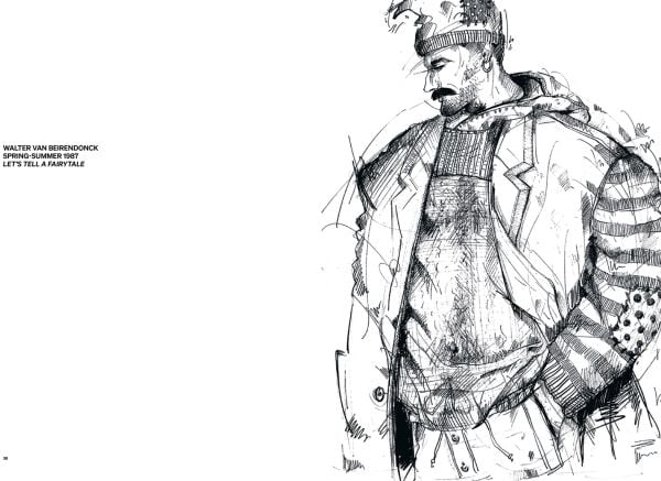 Book cover of Draw the World Awake, with fashion designer Walter Van Beirendonck in black and white patterned jacket. Published by Hannibal Books.