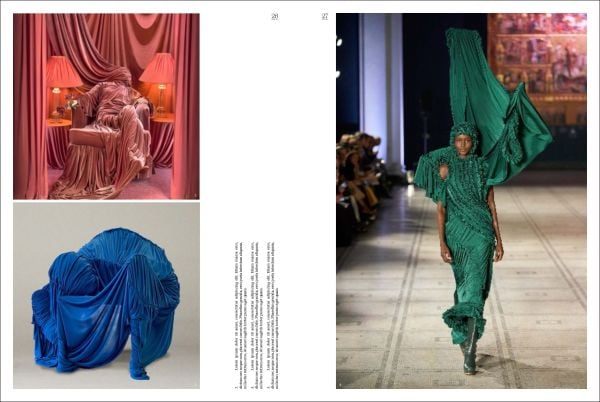 Book cover of Fashion & Interiors: A Gendered Affair, featuring American model and actress Amber Valletta dressed in a suit. Published by Hannibal Books.