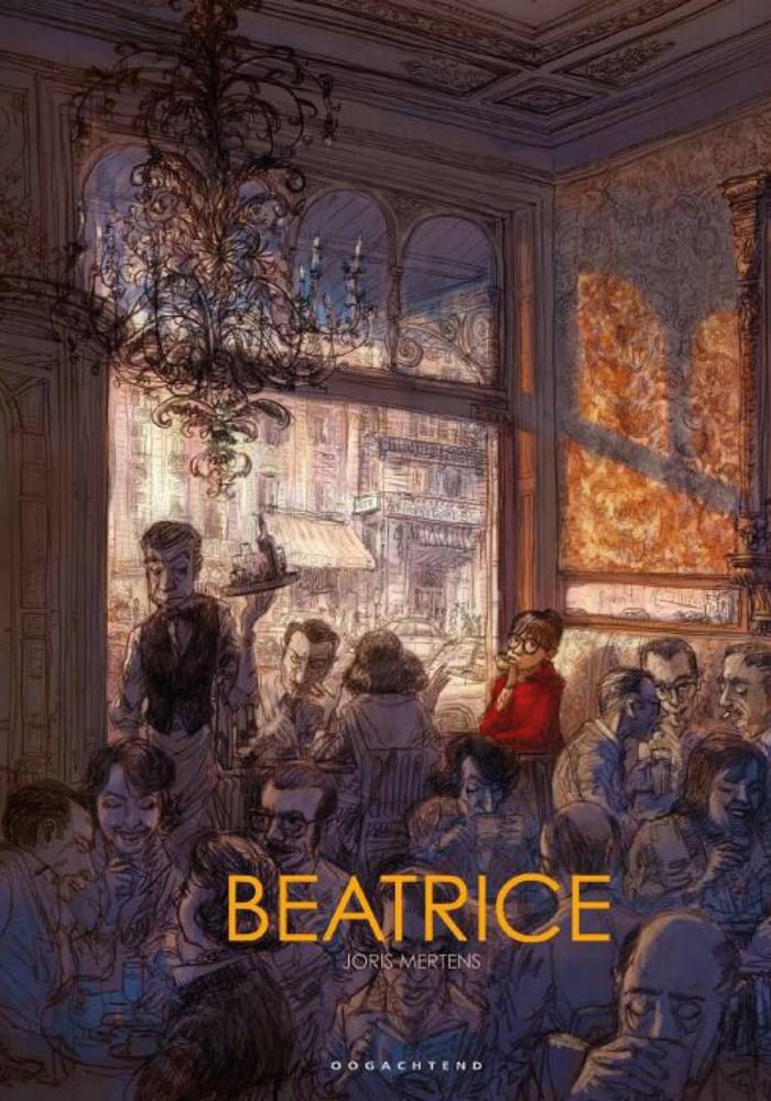 Graphic illustration of busy pub with chandelier, girl in red top sitting alone near window, BEATRICE JORIS MERTENS in yellow and white font above.