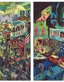 Bright illustration with animals and plants, Brecht Evens Lontano in black and white font on left blue banner.