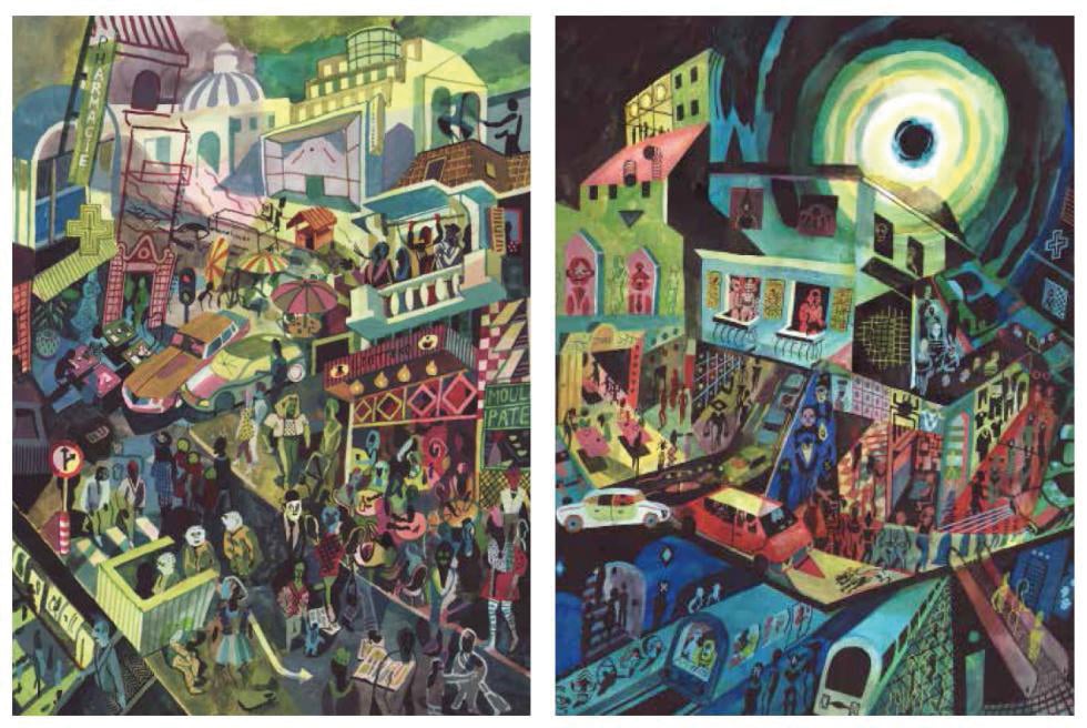 Bright illustration with animals and plants, Brecht Evens Lontano in black and white font on left blue banner.