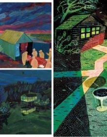 Bright illustration with animals and plants, Brecht Evens Lontano in black and white font on left blue banner.