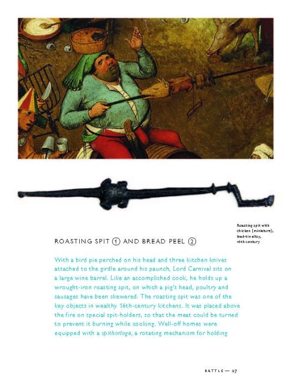 Book cover of Conversation Pieces: The World of Bruegel, featuring detail of a painting titled 'Bruegel the Elder's Fight Between Carnival and Lent, jester. Published by Hannibal Books.