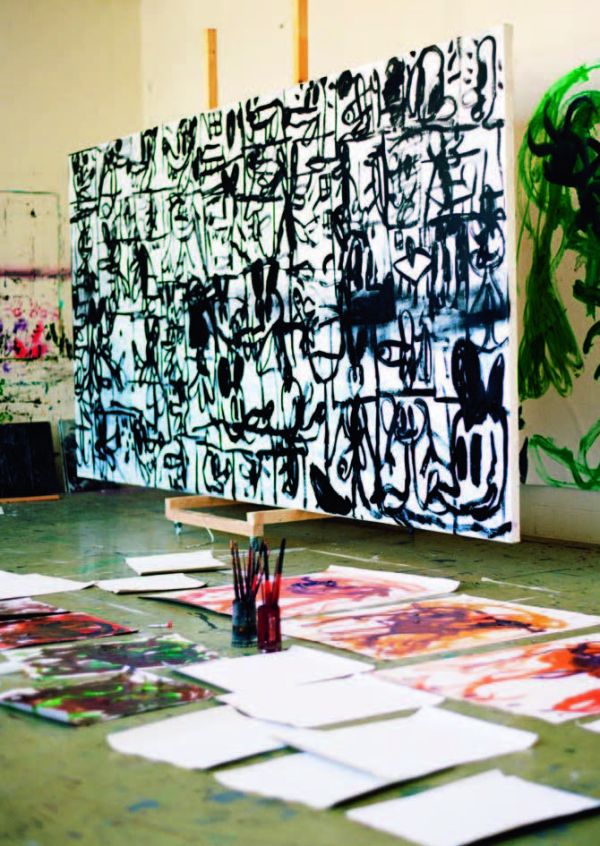 Oil painting, 'Natur und Kultur 1', 2018 by Armen Eloyan, cartoon brown tree trunk, big eyes, under spotlight, on cover of 'Armen Eloyan', by Hannibal Books.