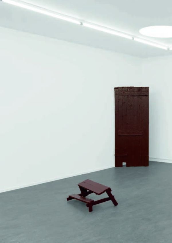 Oil painting, 'Natur und Kultur 1', 2018 by Armen Eloyan, cartoon brown tree trunk, big eyes, under spotlight, on cover of 'Armen Eloyan', by Hannibal Books.