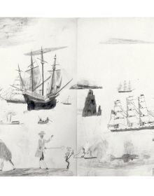 Book cover of Jockum Nordström: Drawings 1992-2025; featuring a drawing of a person standing in the middle of a room, with pictures on the wall. Published by Hannibal Books.