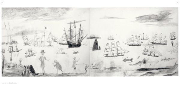 Book cover of Jockum Nordström: Drawings 1992-2025; featuring a drawing of a person standing in the middle of a room, with pictures on the wall. Published by Hannibal Books.