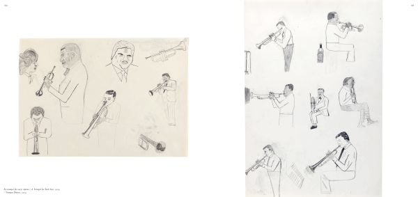 Book cover of Jockum Nordström: Drawings 1992-2025; featuring a drawing of a person standing in the middle of a room, with pictures on the wall. Published by Hannibal Books.
