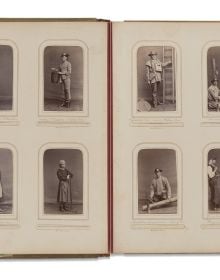 Book cover of Early Gaze: Unseen Photography of the 19th Century; featuring a figure wearing robes and a headpiece made of fabric leaves. Published by Hannibal Books.