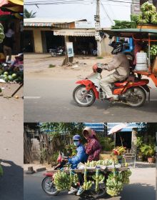 Vietnamese biker with 3 novice Buddhist monks in orange robes on back, riding through street, black border, CARRYING CAMBODIA in orange font with white drop shadow, below.