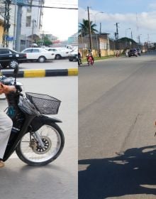 Vietnamese biker with 3 novice Buddhist monks in orange robes on back, riding through street, black border, CARRYING CAMBODIA in orange font with white drop shadow, below.