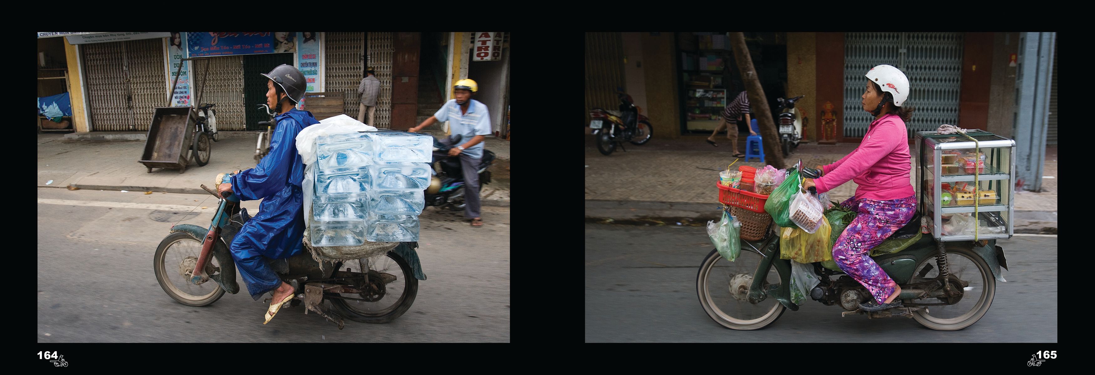 Vietnamese street vendor riding motorbike weighed down with dead chickens and geese, black border, Bikes of BURDEN in white font to upper right.