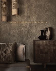 Interior living space in brown tones, with mosaic fronted cabinet on cover of 'Contemporary Wabi-Sabi Style', by Artpower International.