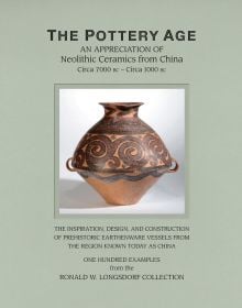 Ceramic vessel with brown swirl decoration, on pale green cover of 'The Pottery Age, An Appreciation of Neolithic Ceramics from China Circa 7000 bc - Circa 1000 bc', by CA Publishing.