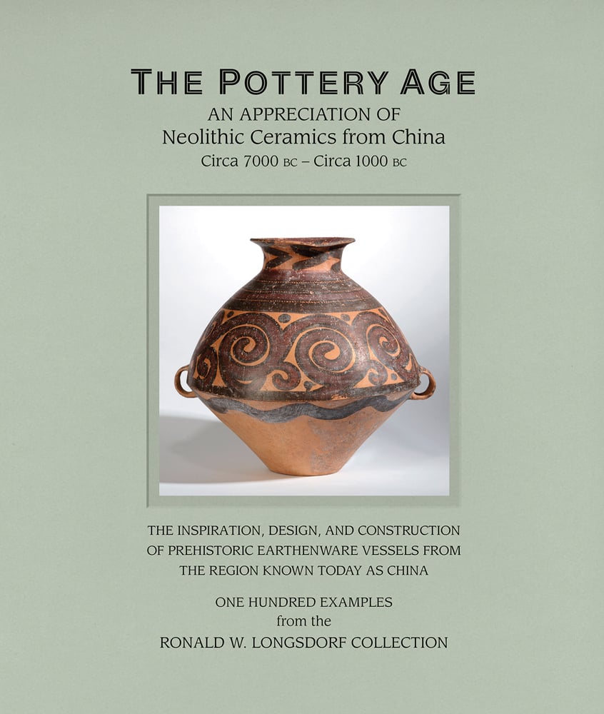 Ceramic vessel with brown swirl decoration, on pale green cover of 'The Pottery Age, An Appreciation of Neolithic Ceramics from China Circa 7000 bc - Circa 1000 bc', by CA Publishing.