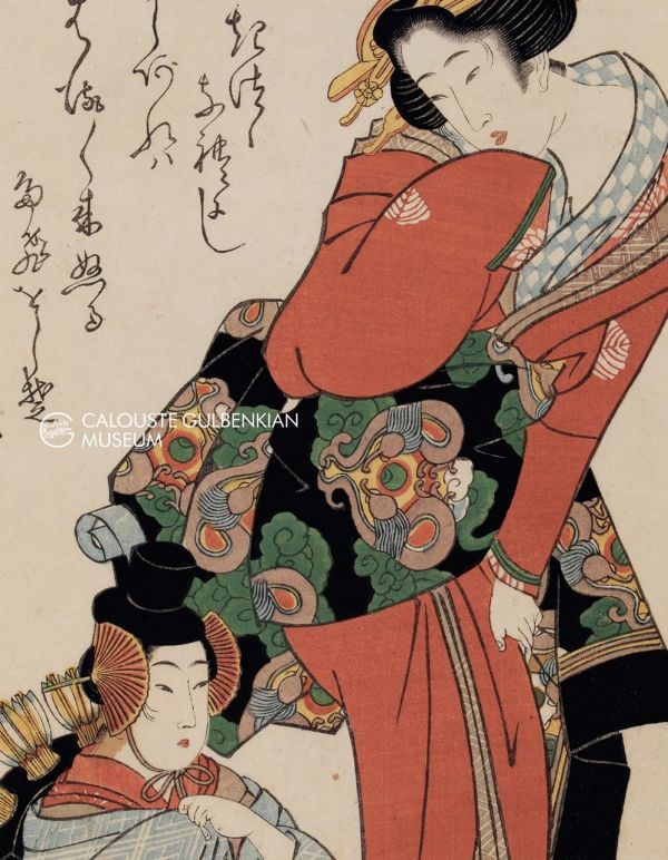 Book cover of Floating world: 'ukiyo-e' Japanese Prints; featuring a Japanese artwork of two figures in traditional dress. Published by Fundação Calouste Gulbenkian.