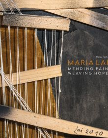 Book cover of Maria Lai, Mending Pain Weaving Hope, featuring pieces of wood threaded with string. Published by 5 Continents Editions.