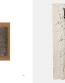 Pieces of wood threaded with string, grey and brown material pieces behind, Maria Lai in orange font, MENDING PAIN WEAVING HOPE in white font below