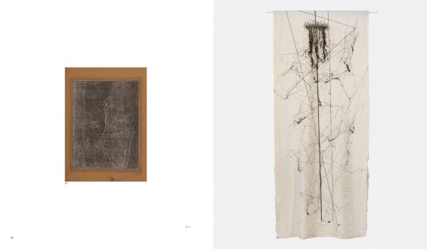 Book cover of Maria Lai, Mending Pain Weaving Hope, featuring pieces of wood threaded with string. Published by 5 Continents Editions.