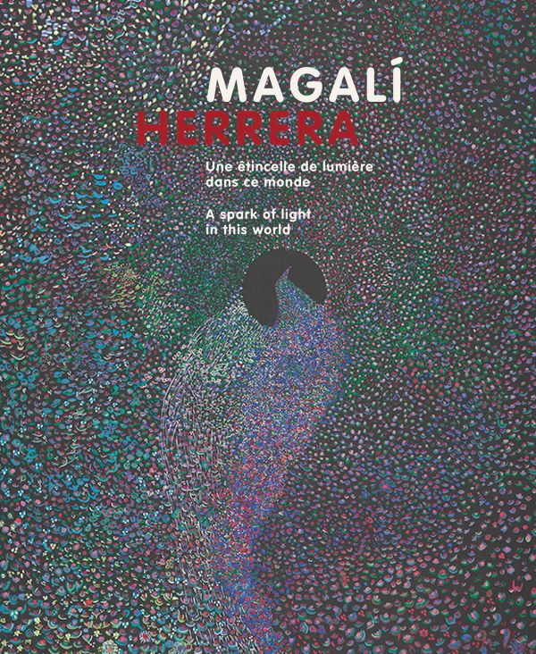Book cover of Magalí Herrera: A Spark of Light in this World, with colourful dot painting with trail leading into a black hole. Published by 5 Continents Editions.