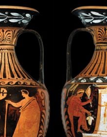 Book cover of Red Figures: Vase Painting At The Museo Ridola, Matera, with a terracotta vase painting with black patterns. Published by Editions Norma.