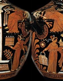 Book cover of Red Figures: Vase Painting At The Museo Ridola, Matera, with a terracotta vase painting with black patterns. Published by Editions Norma.