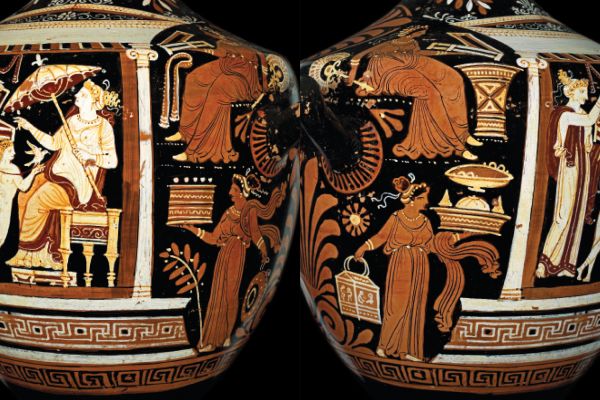 Book cover of Red Figures: Vase Painting At The Museo Ridola, Matera, with a terracotta vase painting with black patterns. Published by Editions Norma.