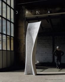 Book cover of Yves Dana, A Fresh Perspective on Sculpture, featuring a large white bone-like sculpture with surface carvings. Published by 5 Continents Editions.