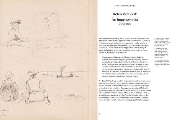Book cover of Helen McNicoll: An Impressionist Journey, with a sketch of a woman in long dress lying back on deck chair. Published by 5 Continents Editions.