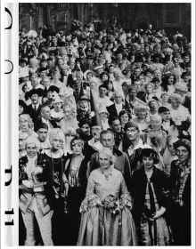 Book cover of Costume Balls: Dressing Up History 1870-1927, with a large group of festival-goers in historical clothes. Published by 5 Continents Editions.
