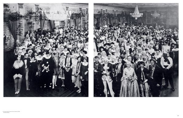 Book cover of Costume Balls: Dressing Up History 1870-1927, with a large group of festival-goers in historical clothes. Published by 5 Continents Editions.