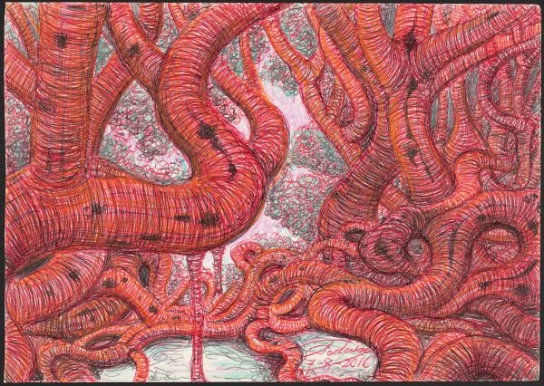 Book cover of Outsider Art Cuba - Art Brut Cuba, with an orange pencil drawing of tree. Published by 5 Continents Editions.