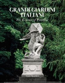Book cover of Grandi Giardini Italiani: The Essence of Paradise, with a sculpture of an angel. Published by Franco Maria Ricci editore.