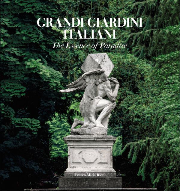 Book cover of Grandi Giardini Italiani: The Essence of Paradise, with a sculpture of an angel. Published by Franco Maria Ricci editore.