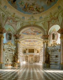 Book cover of Temples of Knowledge: Art and Science, with the grand interior of the Mafra National Palace Library, Portugal. Published by Franco Maria Ricci editore.