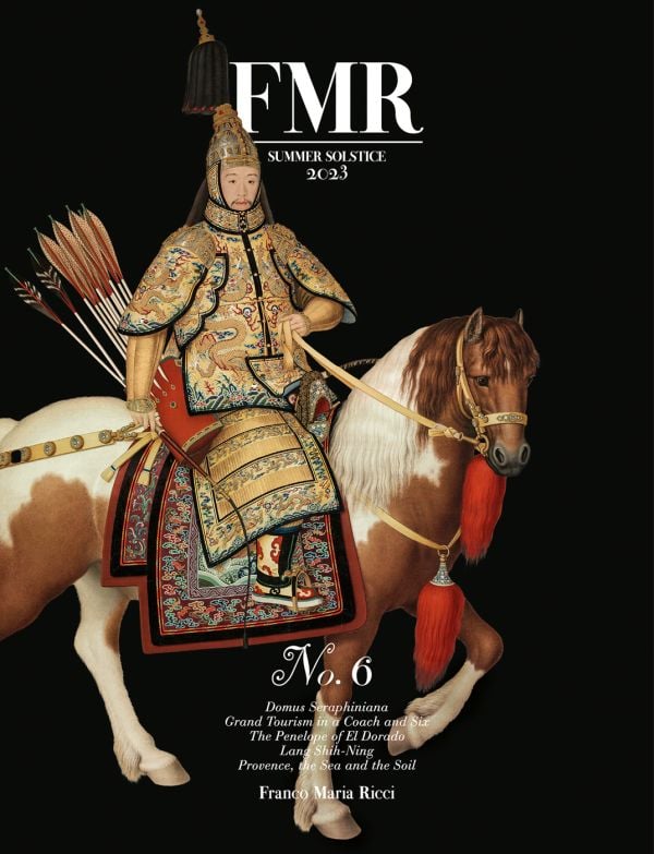 Book cover of FMR No. 6: Summer Solstice 2023, with Giuseppe Castiglione's painting of Qianlong Emperor in ceremonial armor on horseback. Published by Franco Maria Ricci editore.