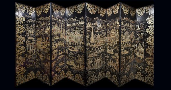 Book cover of Eastern Breezes: The Art of Screens in China and Japan; featuring a decorative screen with landscape. Published by Franco Maria Ricci editore.