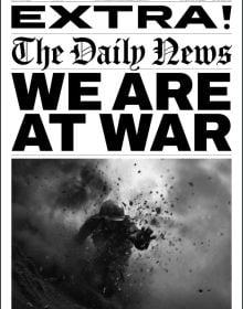 Book cover of We Are At War; with newspaper articles and brown document folders. Published by L'Artiere.