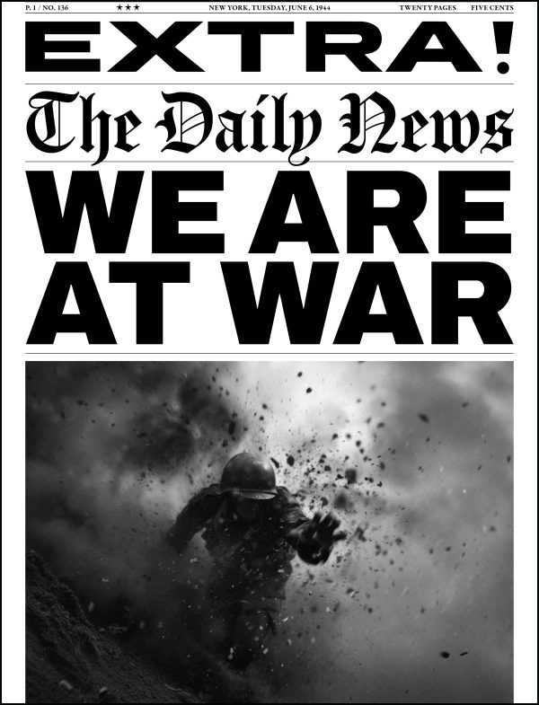 Book cover of We Are At War; with newspaper articles and brown document folders. Published by L'Artiere.